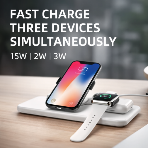 Foldable 3-in-1 Wireless Charger — 15W Fast Charge for iPhone, AirPods & Apple Watch