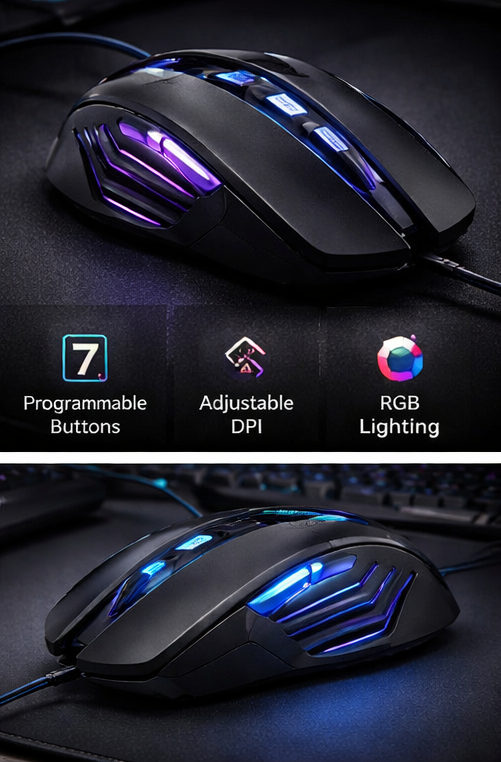 RGB Gaming Mouse — Wired, 2500 DPI, 7 Programmable Buttons, LED Backlight for PC & Laptop